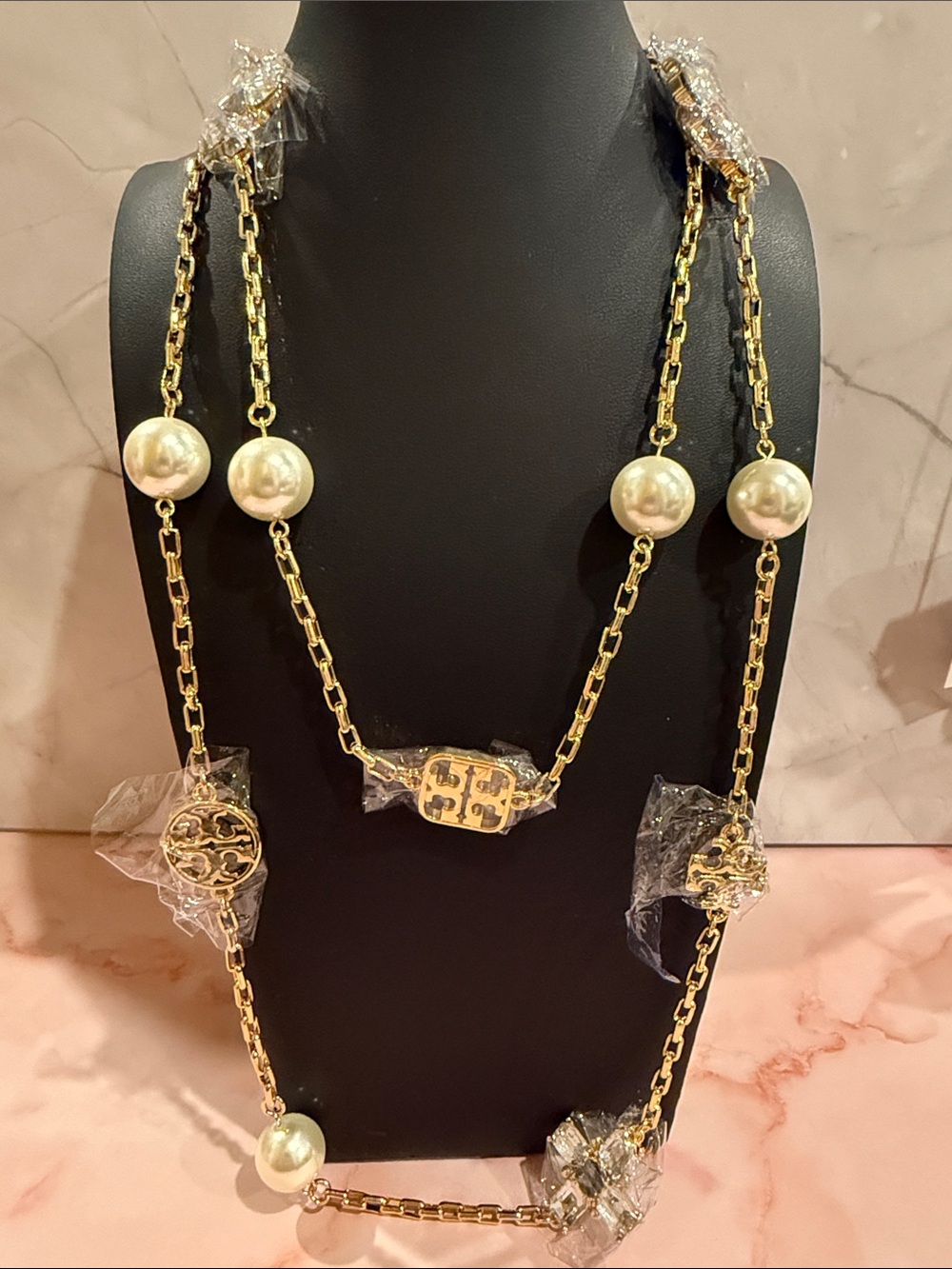 Tory Burch | Gold Plated, Crystal & Pearl Long Station Necklace